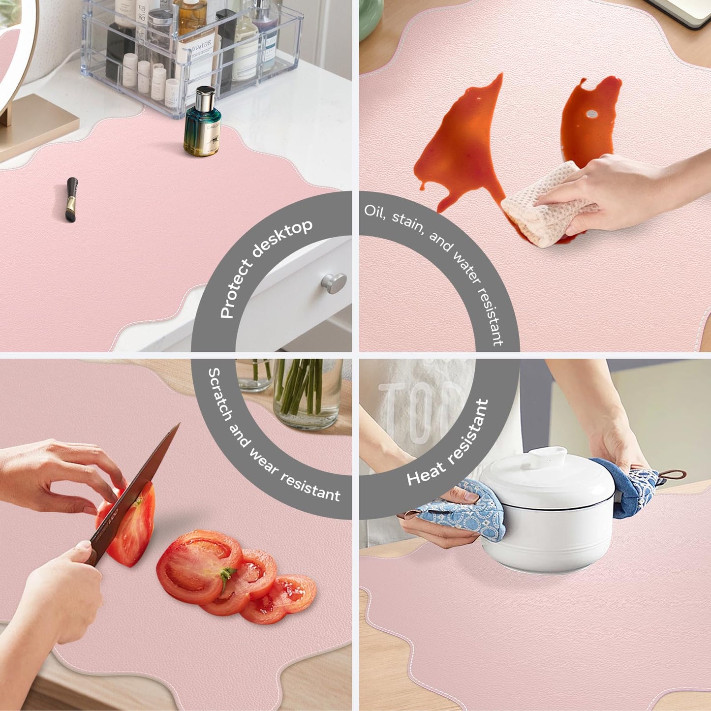 iCasso Pink Leather Desk Mat,Extra Large Scalloped Mouse Pad for Desktop,Waterproof PU Nail Table Mat,Cute Keyboard Mats for Women Girl,Non-Slip Desk Cover Mat for Office Home Dorm