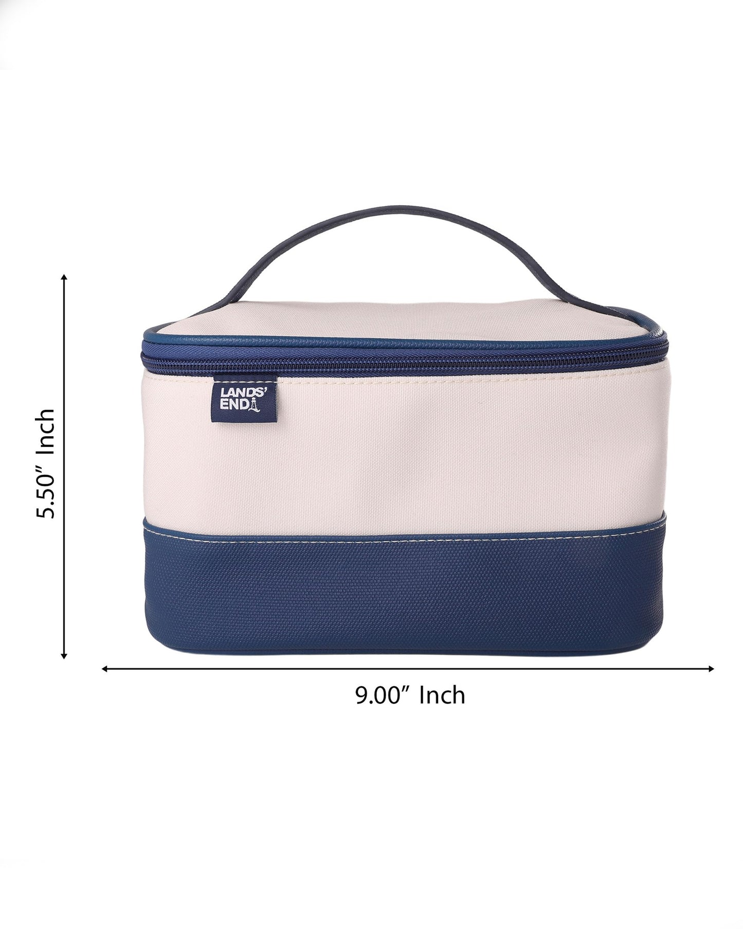 Lands' End Large Makeup Bag Train Case with 2 100 ML Plastic Travel Bottles, Soft-Sided Cosmetic Travel Bag (Navy)