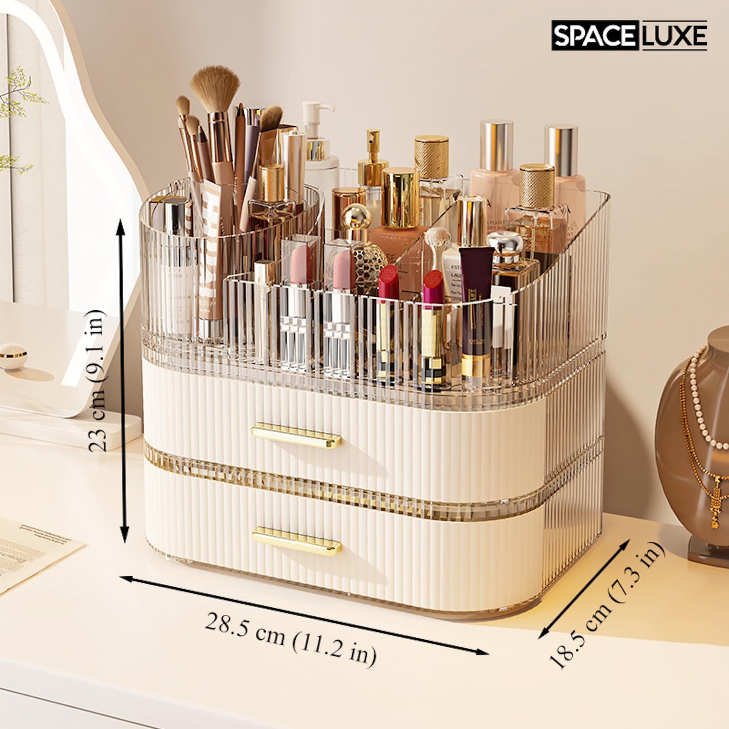 SpaceLuxe Makeup Organizer with Drawers and 360° Rotating Brush Holder, Large Capacity Cosmetic Storage for Vanity, Skincare, Perfume, Hair Accessories, Lipstick & Jewelry (Cream White, 3-layer)