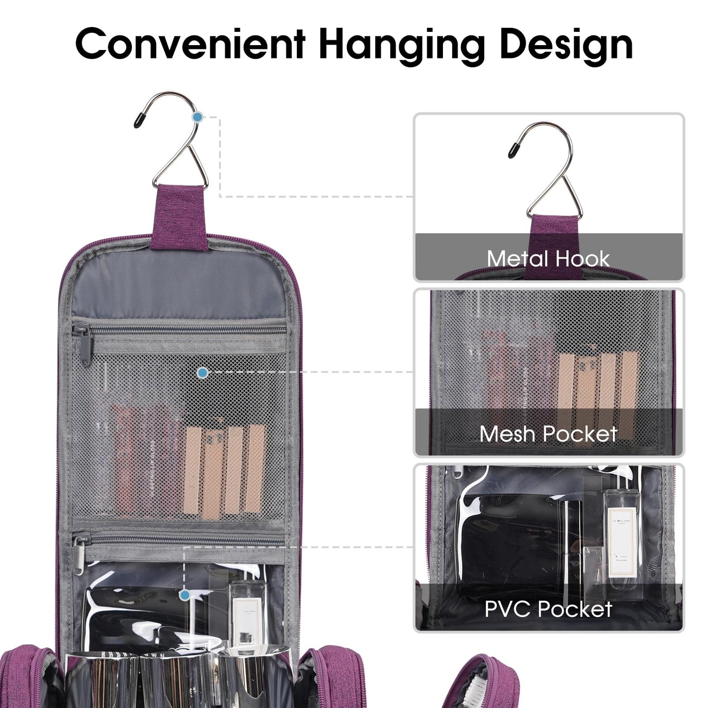 Narwey Large Hanging Toiletry Bag for Women Travel Makeup Bag Organizer Toiletries Bag Dry Wet Separation (Dark Purple)