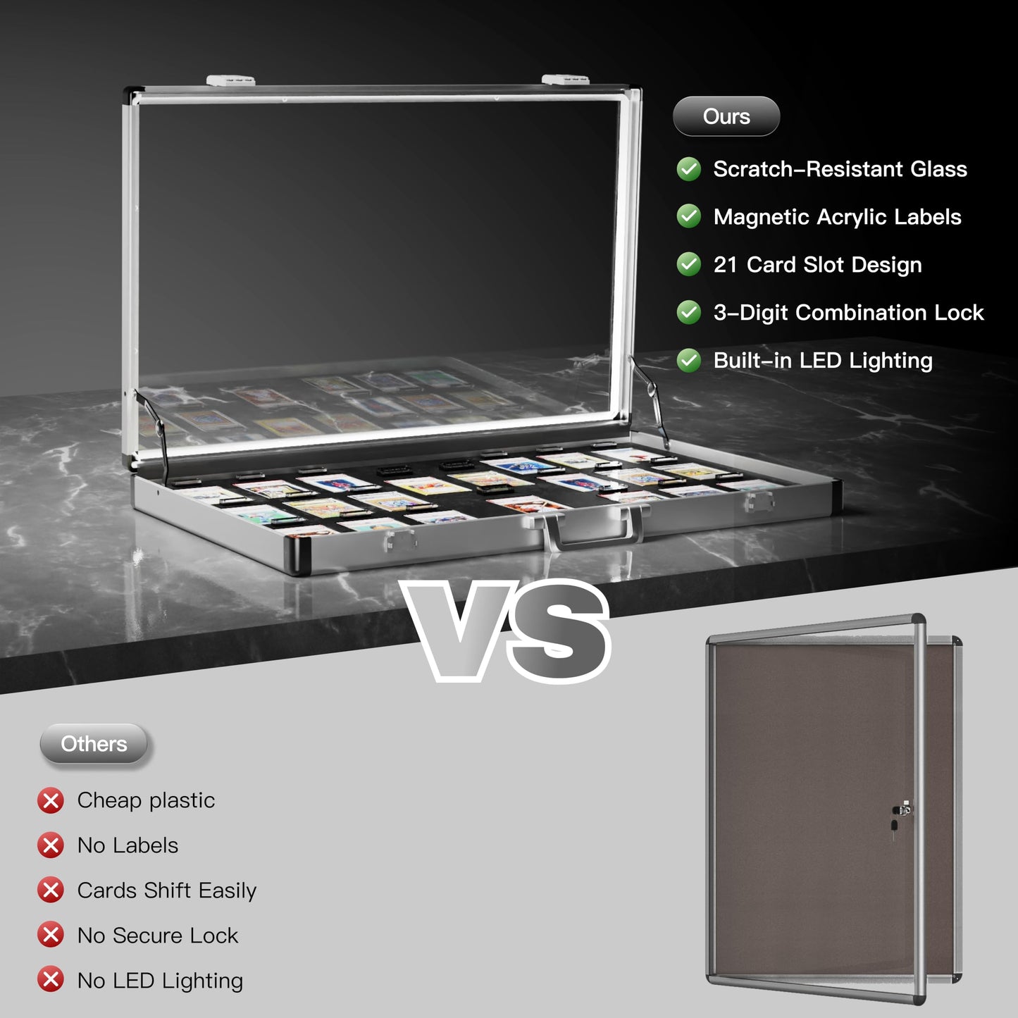 Aluminum Graded Card Show Display Case, LED Lights and Lockable for Graded Cards, Premium Trading Card Case for PSA Graded Pokemon Cards, Sports Card, CGC