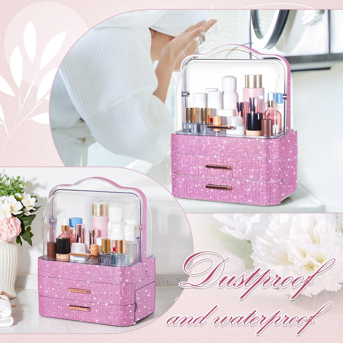 Honeydak Bling Makeup Organizer for Women Birthday Gifts Preppy Skincare Perfume Organizer Rhinestone Cosmetic Display Cases with Transparent Cover for Countertop, Desk(Pink,Rhinestone)
