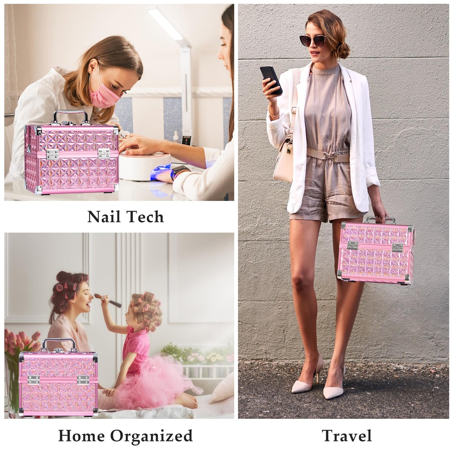 GALHUBIS Makeup Case Organizer,Makeup Train Case, Trays Cosmetic Box Portable, Profesional for Salon Barber,Pink