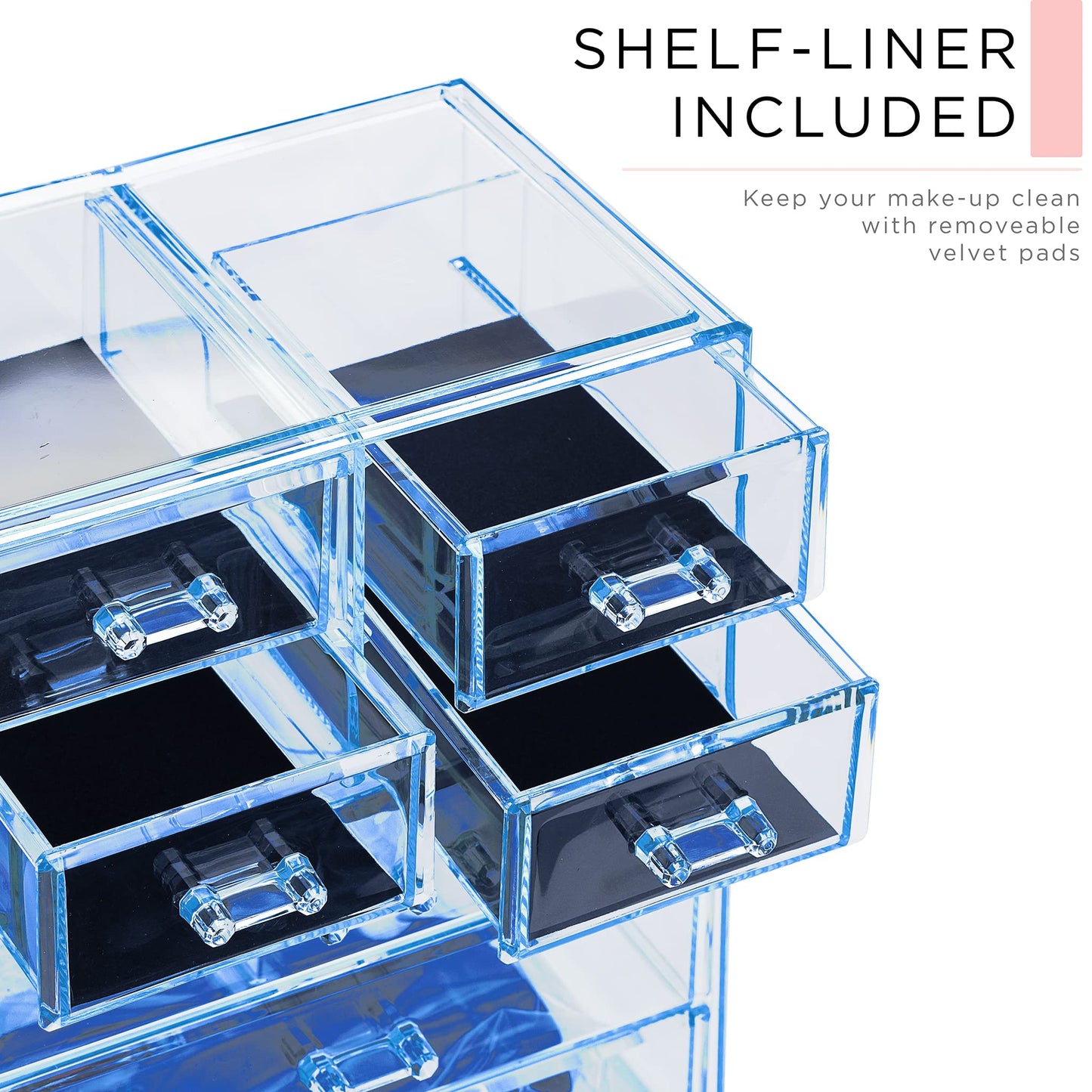 Sorbus Acrylic Makeup Organizer Set, 7-Drawer Vanity & Countertop Cosmetic Storage with Small & Wide Compartments, Blue Brilliance Makeup Storage for Brushes, Jewelry – Holiday Gift for Women & Teens