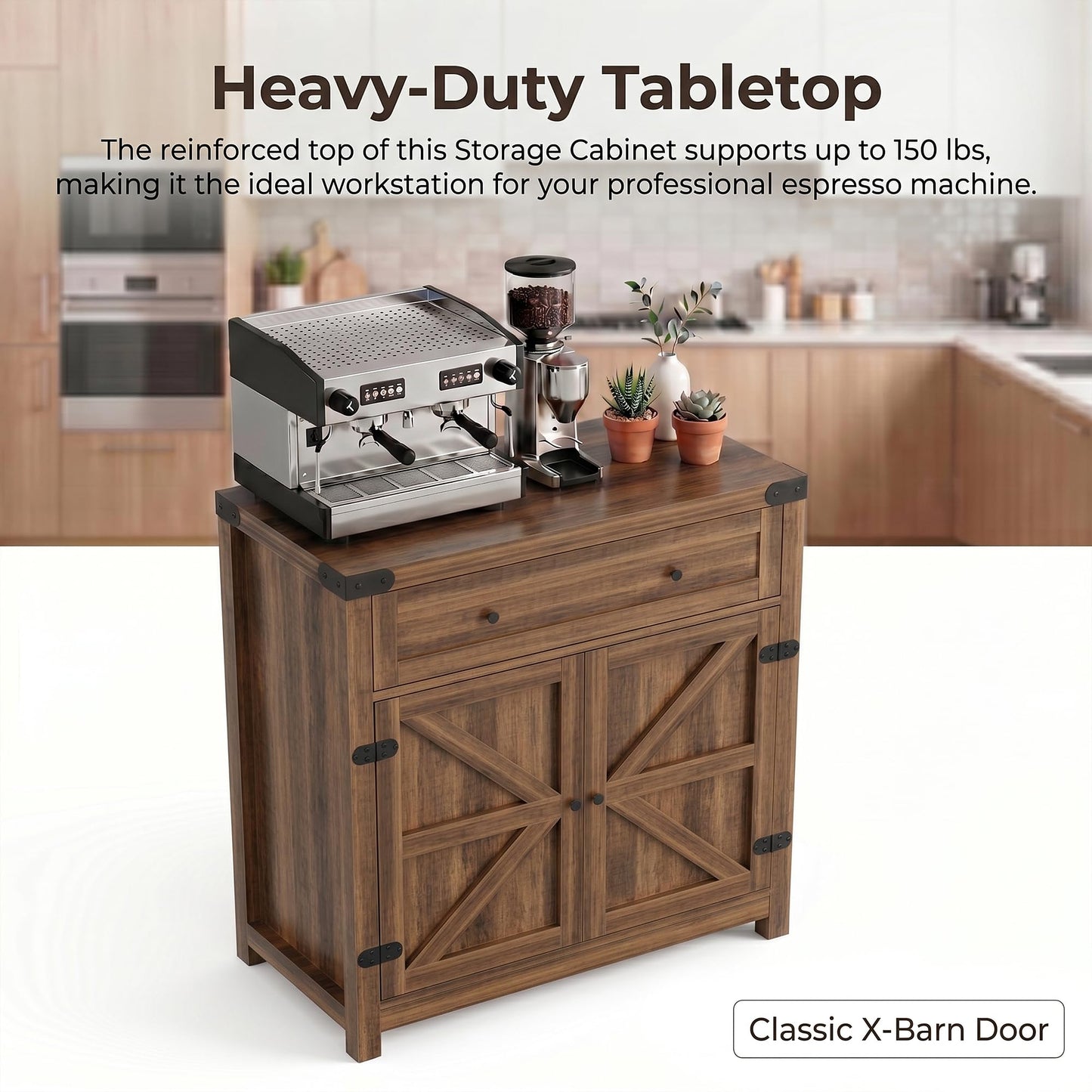 YESHOMY Kitchen Storage Cabinet, Coffee Bar Cabinet, Farmhouse Sideboard Buffet with Storage, Barn Door Accent Cabinet with a Drawer and Adjustable Shelf for Dining Room, Entryway, Rustic Brown, 2 PCS