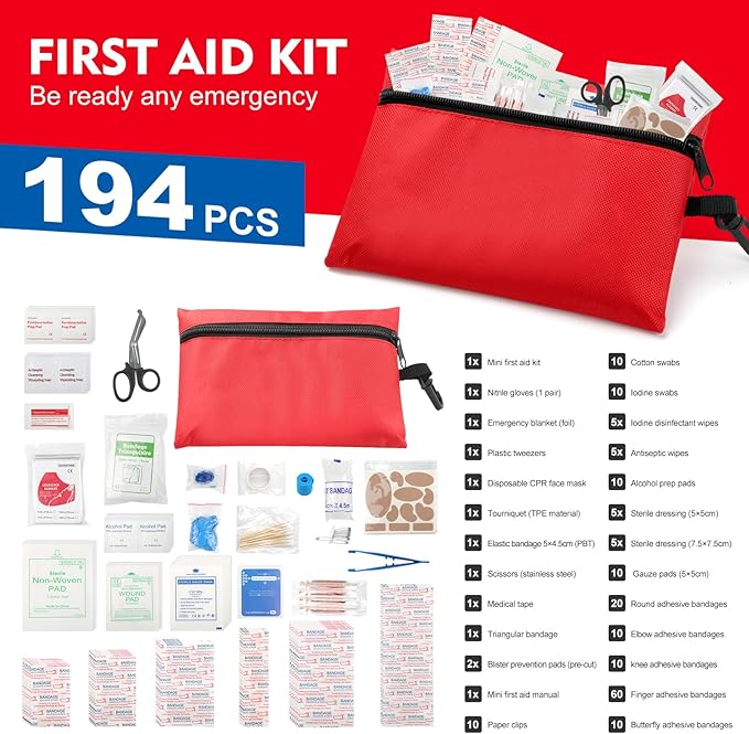 Mini First Aid Kit for Minor Cuts, Scrapes, Sprains, Burns, 194Pcs Portable Compact First Aid Kit for Home, Car, Travel, Camping and Outdoor Emergencies