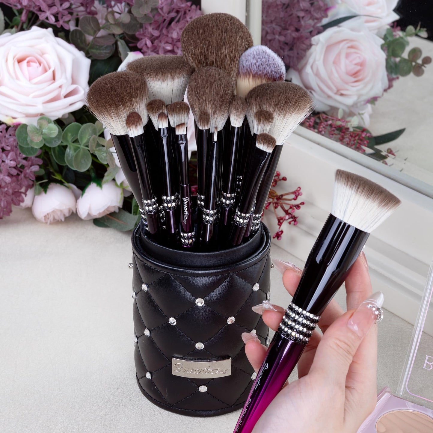 Bueart Design 16PCS Ultra Soft Makeup Brushes Sets with Holder,Professional Make up Brushes with Diamond(Purple-Black Gradient & Holder)