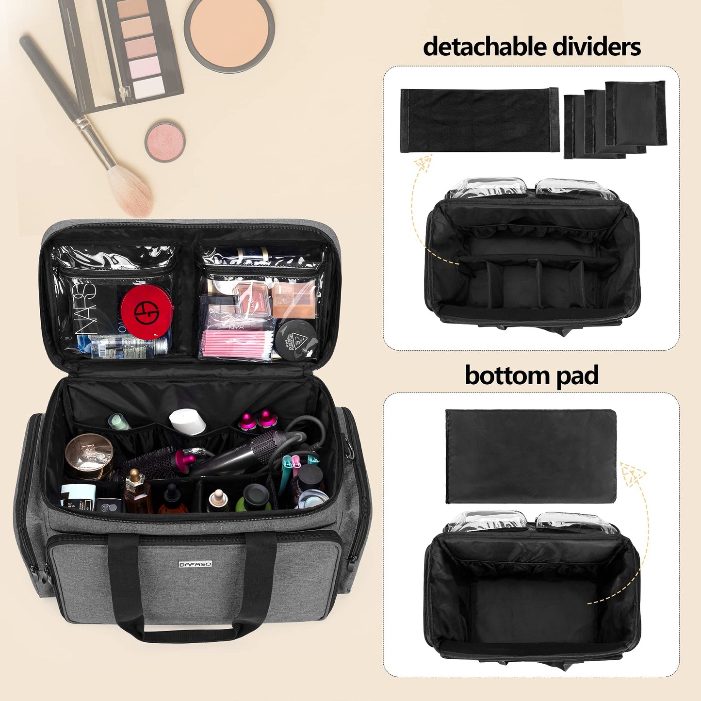 BAFASO Large Makeup Bag Cosmetic Bag with Removable Dividers, Travel Makeup Case Holds Cosmetics and Hair Supplies, Gray
