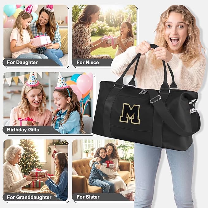 Dance Gym Duffel Bag for Teen Girls, Personalized Initial Travel Weekender Bag,Cute Overnight Carry On Duffle for Women,Sports Travel Cheer Bag,Monogram Christmas Gifts for Tween Preppy(black-M)