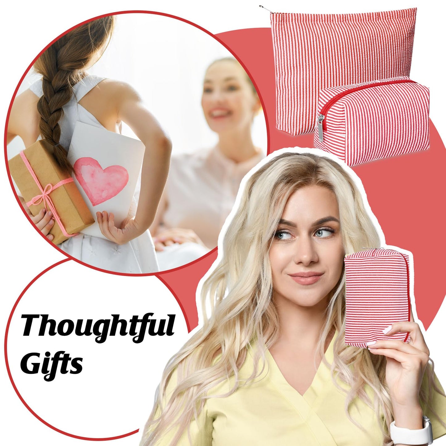 Huhumy 2 Pcs Makeup Bag Set Cute Cosmetic Pouch for Women Seersucker Travel Toiletry Bag Preppy Small Makeup Purse Pouch Aesthetic Skincare Brushes Storage Organizer for Valentine Women(Red)