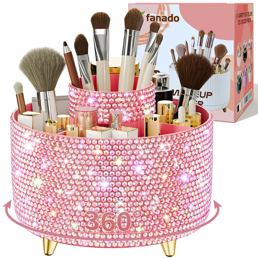 fanado Bling 360° Rotate Makeup Brush Holder Organizer, Makeup Organizers Countertop, Makeup organization and Skincare Storage for Vanity, Gift for Women Girls (Bling dz-Pink)