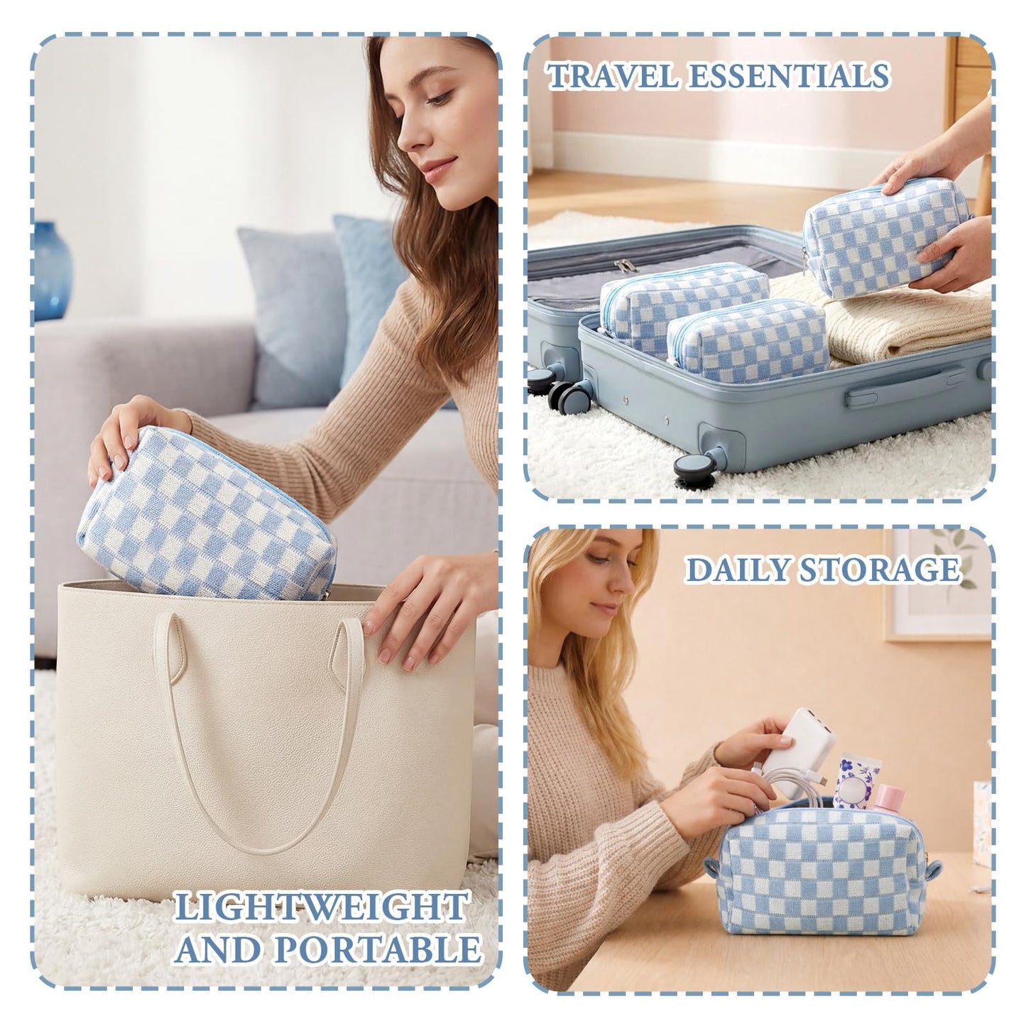 Gilprop 8 Pcs Checkered Makeup Bag for Purse Small Cosmetic Pouch Bulk Portable Zipper Makeup Pouch Travel Toiletry Organizer Gifts for Women Bridesmaid Wedding Party Favors (Blue)