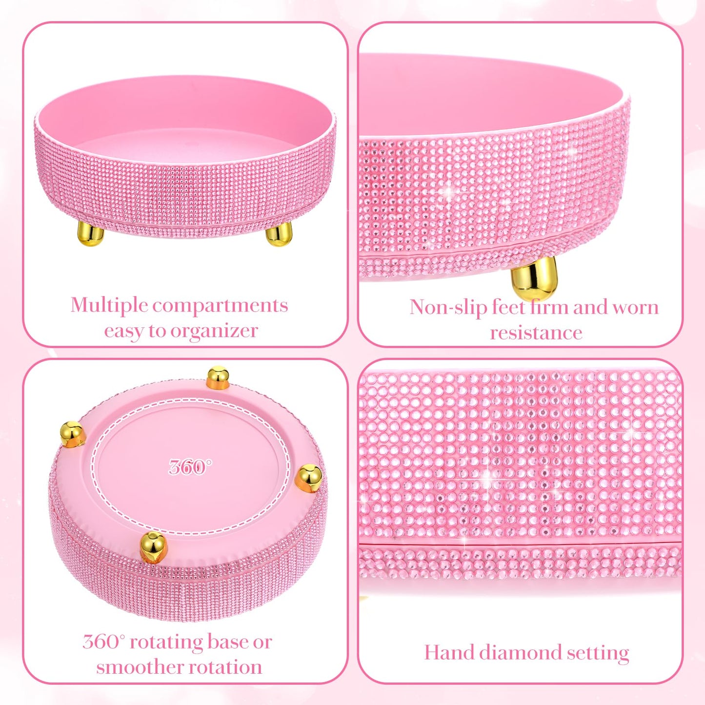 MAQUITA Pink Makeup Brush Holder Bling 360° Rotating Organizer, Perfume Storage for Vanity Countertop with Rhinestone, Gift for Women