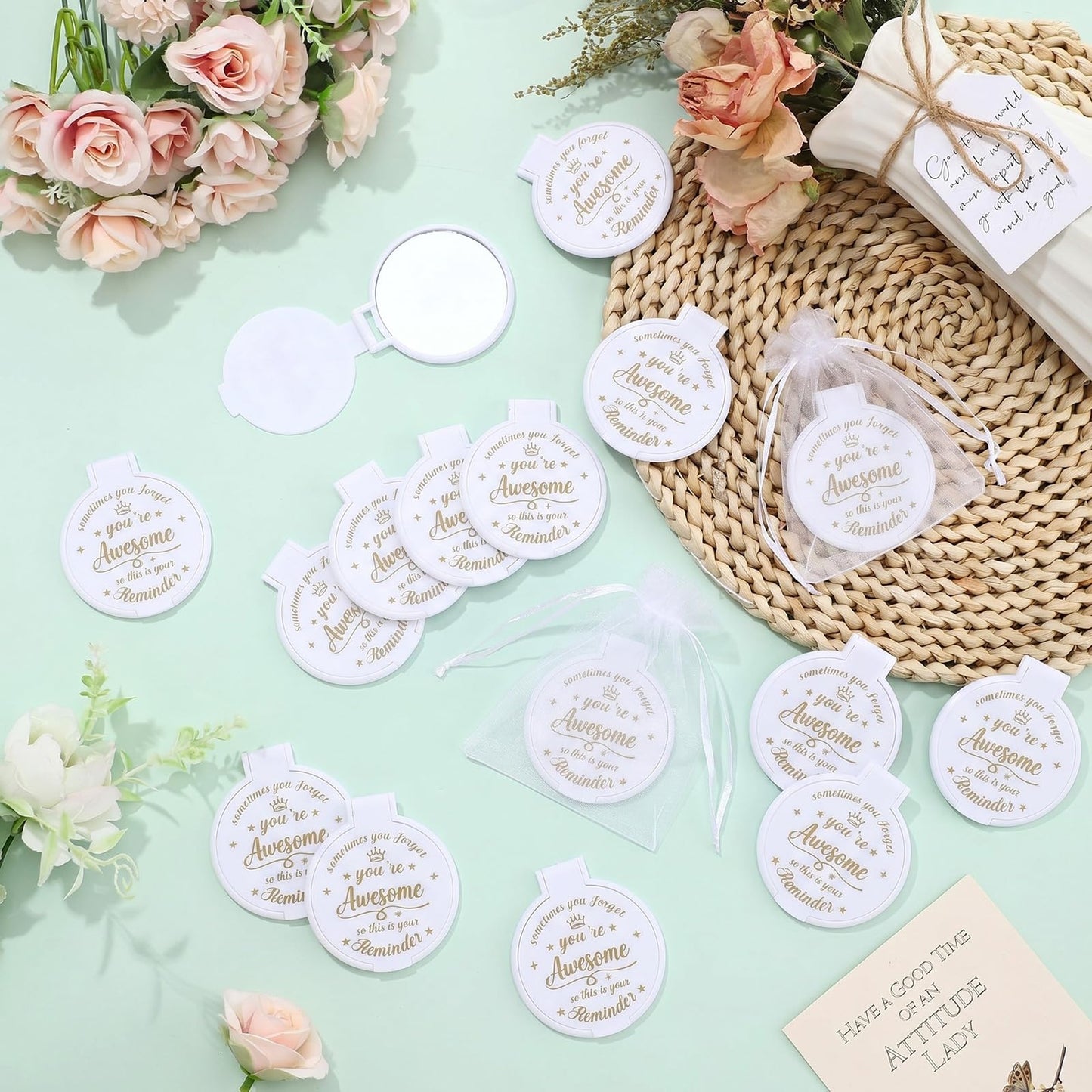 Gulfmew 100 Pcs 2.76 Inch Inspirational Compact Mirror Bulk Women Small Gifts Graduation Mothers Day Party Favors Purse Mirror Pocket Mini Items for Adult Coworker Cheerleader Swag Bag (White)