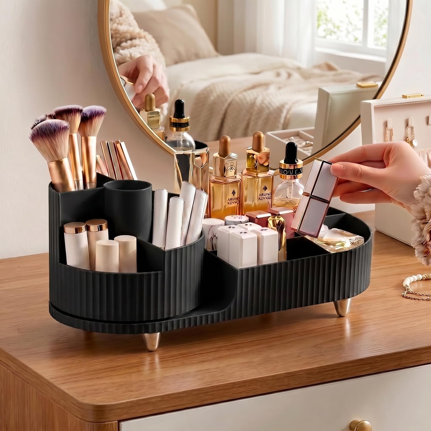 Booklov Rotating Makeup Caddy Organizer for Vanity, Large Capacity Cosmetic Display Case, Countertop Beauty Storage Holder for Skincare, Brush Eyeshadow Lipstick, Counter Desk Organization, Black