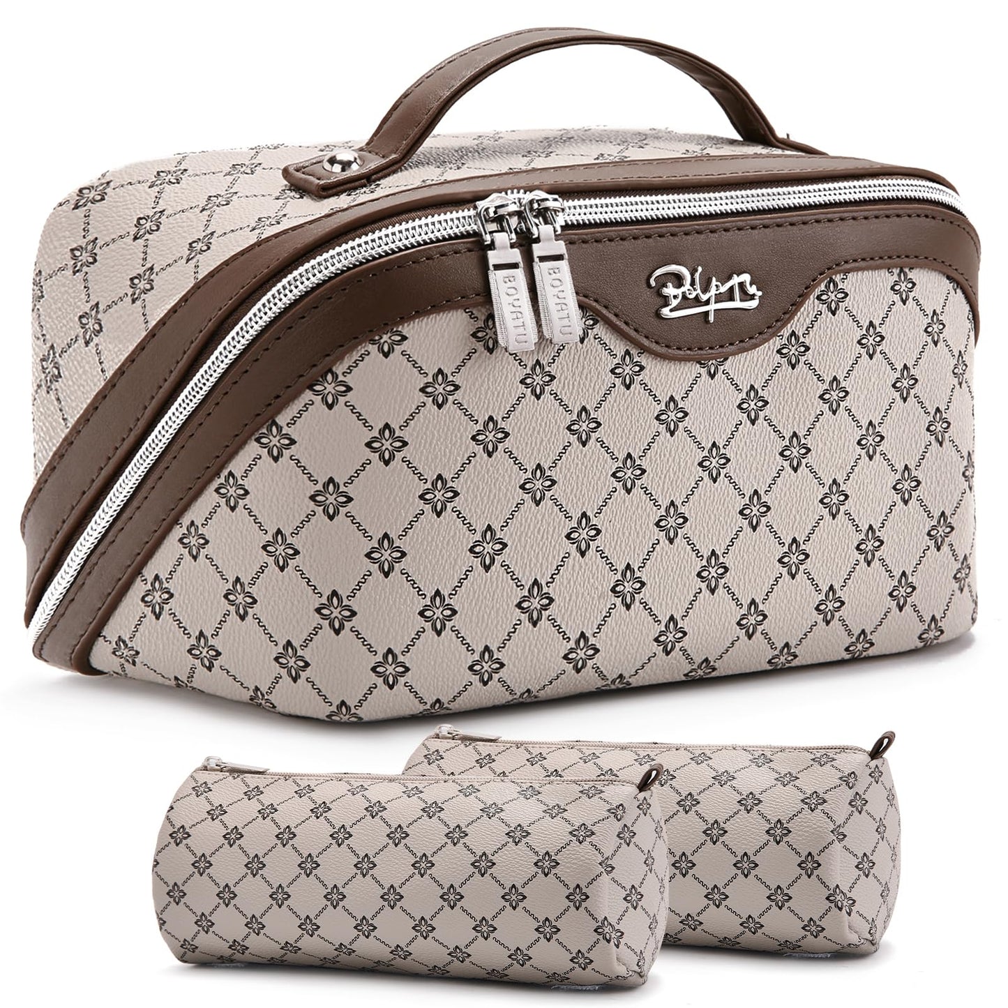 BOYATU Travel Makeup Bag Cosmetic Bags for Women: 3 Pcs Set Large Capacity Make up Bag with Handle - Vegan Leather Toiletry Bags with Compartments - Makeup Organizer for Travel Essentials(A-2-Khaki)