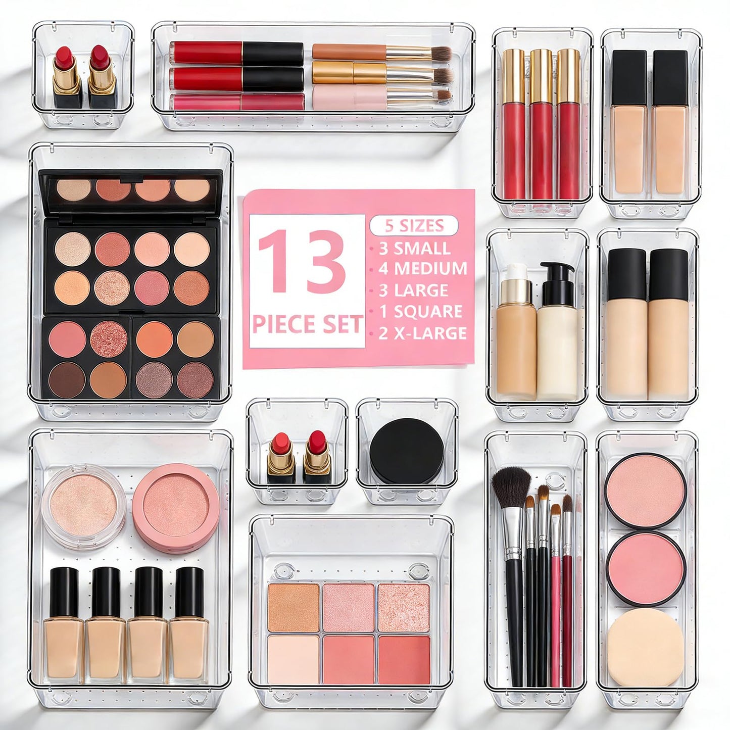 Asnews 13 Pcs Desk Organizer Tray for Makeup, 5 Sizes Vanity Makeup Drawer Organizer Set, Non-Slip Desk Drawer Organizer Trays for Bathroom, Bedroom, Office, Fits Jewelry