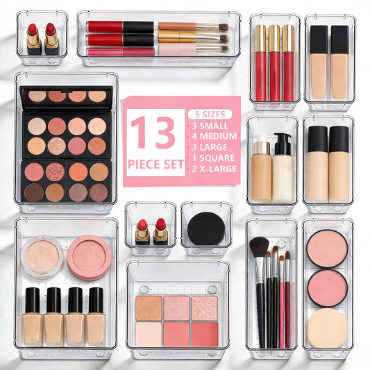 Asnews 13 Pcs Desk Organizer Tray for Makeup, 5 Sizes Vanity Makeup Drawer Organizer Set, Non-Slip Desk Drawer Organizer Trays for Bathroom, Bedroom, Office, Fits Jewelry