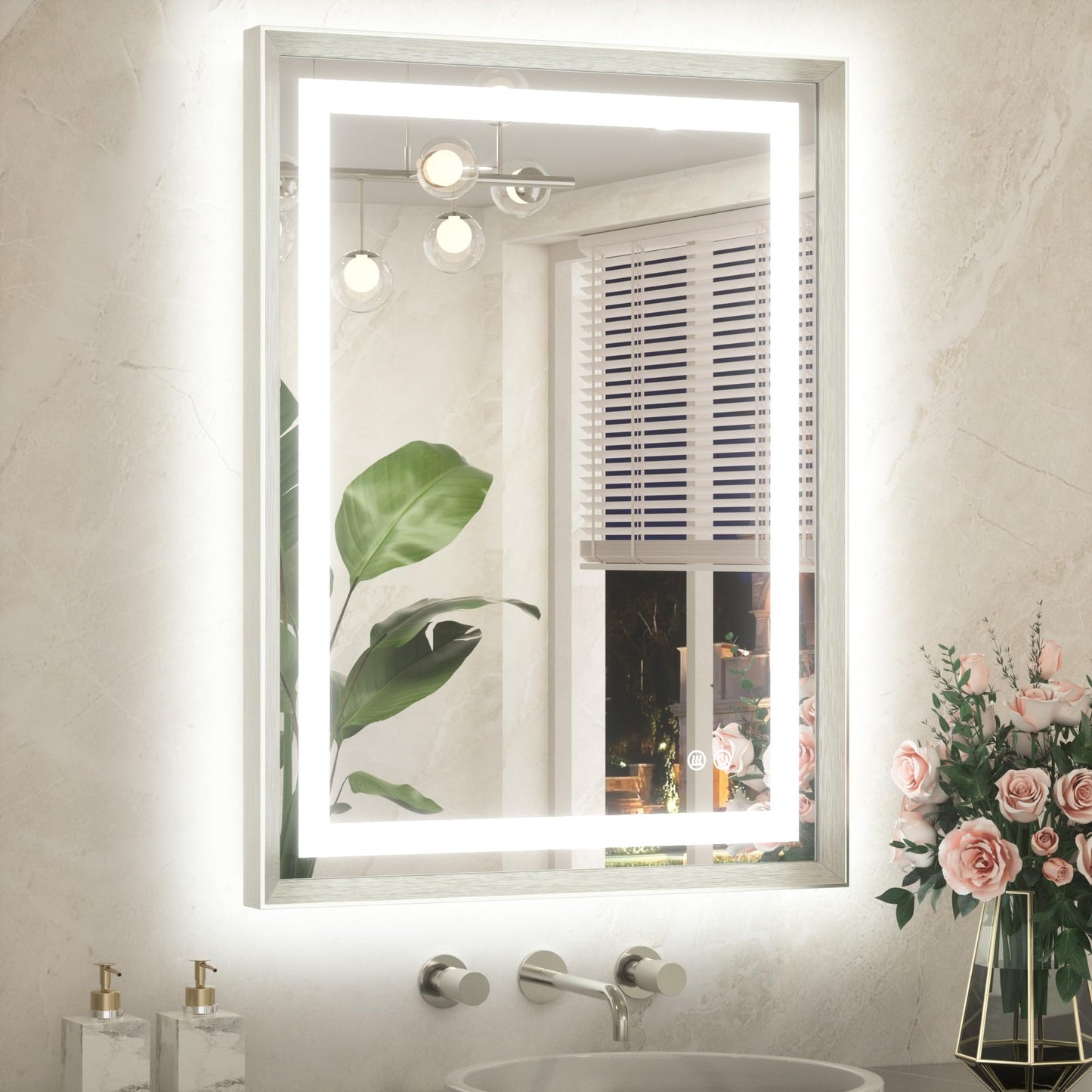 TETOTE 24 x 32 Bathroom LED Mirror Brushed Nickel Metal Frame Frontlit & Backlit Vanity Mirror Anti-Fog Stepless Dimmable 3 Colors White/Warm/Natural Mirror with Lights Wall-Mounted