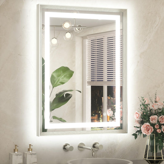 TETOTE 24 x 32 Bathroom LED Mirror Brushed Nickel Metal Frame Frontlit & Backlit Vanity Mirror Anti-Fog Stepless Dimmable 3 Colors White/Warm/Natural Mirror with Lights Wall-Mounted