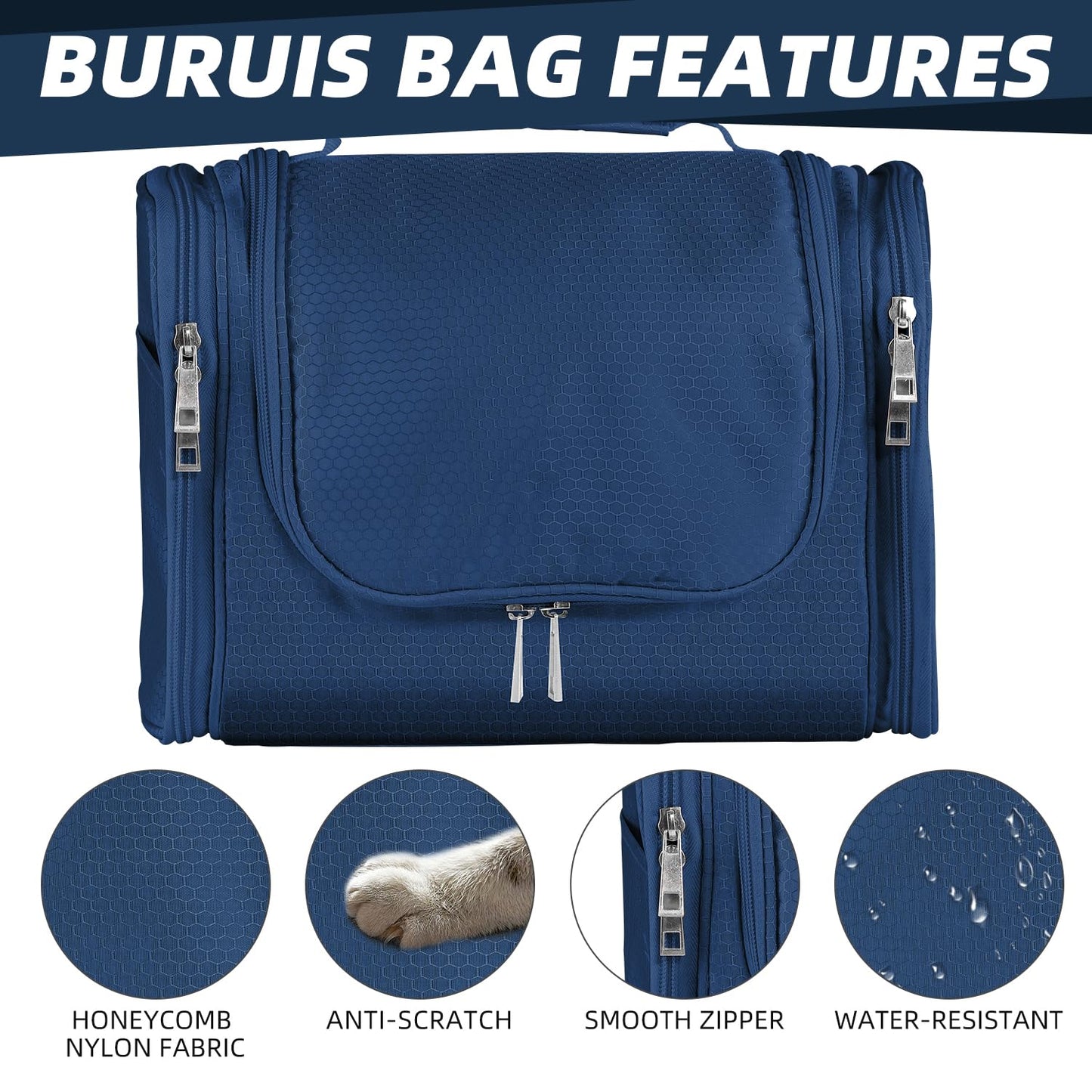 Buruis Hanging Toiletry Bag for Women and Men, Large Water-Resistant Makeup Organizer with Sturdy Hook, Lightweight Nylon Dopp Kit for Full-Sized Toiletries & Cosmetics, Blue
