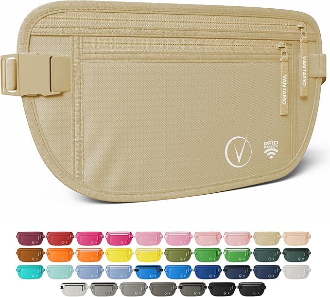Vantamo Money Belt with RFID For Men & Women, Hidden Passport Holder for Travel, 2 Compartment Travel Fanny Pack for Women Anti Theft