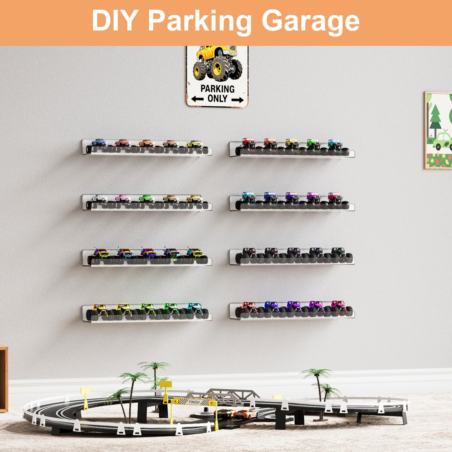 upsimples 14 Pack Acrylic Shelves Wall Organizer and Storage, 15" Display Shelf for Figure, Toy Cars, Perfume, Kids Bookshelf for Bedroom, Nursery, Craft Room, Clear