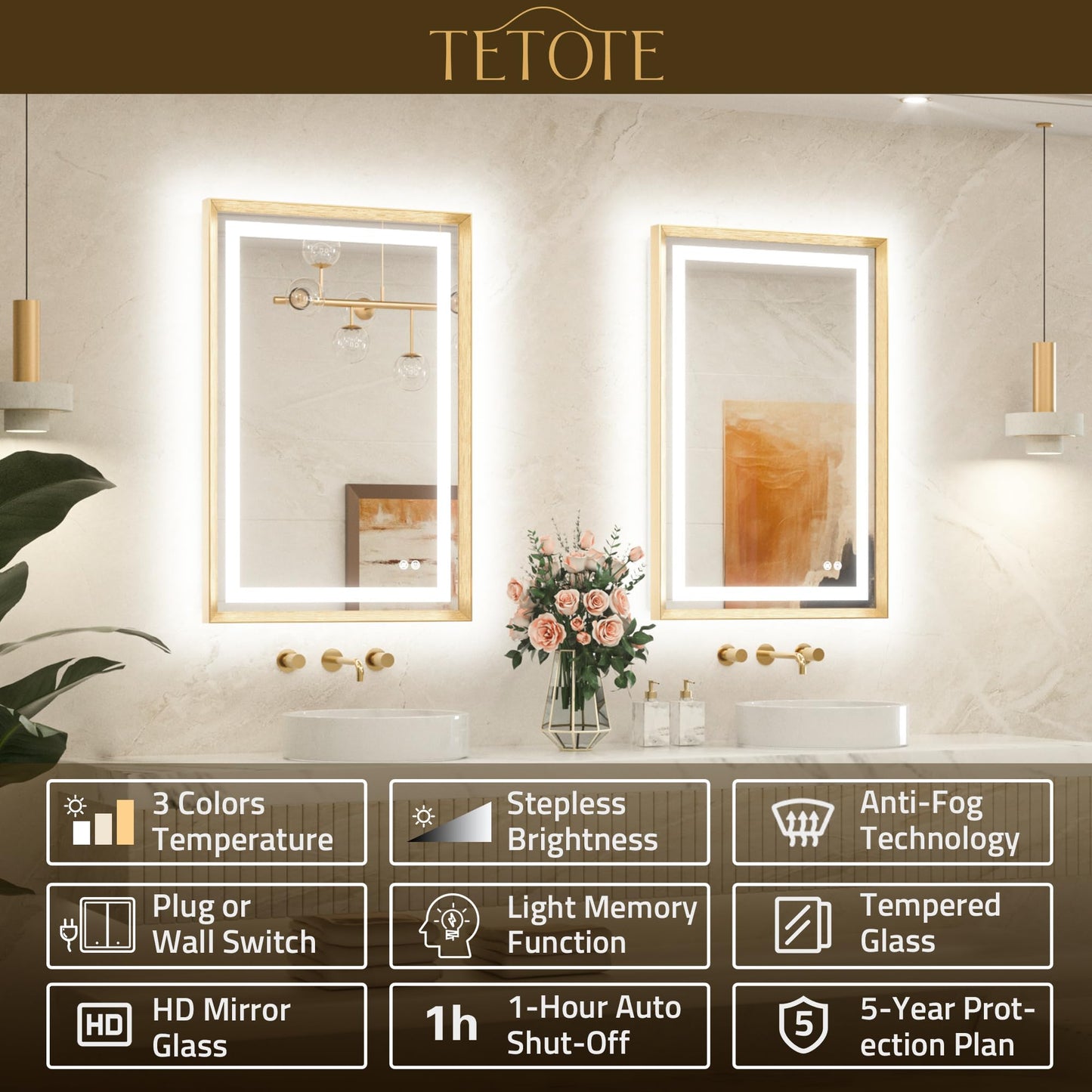 TETOTE 22 x 30 Bathroom LED Mirror Brushed Gold Metal Frame Frontlit & Backlit Vanity Mirror Anti-Fog Stepless Dimmable 3 Colors White/Warm/Natural Mirror with Lights Wall-Mounted