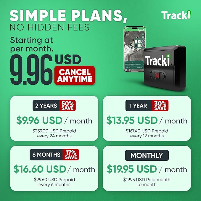 Tracki GPS Tracker for Vehicles, Car, Kids. Subscription Needed. US-Made Tech. 4G LTE GPS Tracking Device. Unlimited Distance, US & Worldwide. Small (Tracker) (Tracker 1 Year Subscription Incl.)