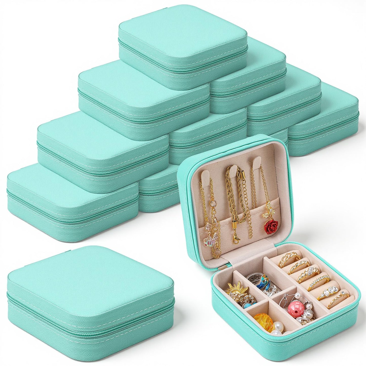 Xaajooio 12 Pcs Travel Jewelry Case, PU Leather Mini Jewelry Box Organizer, Portable Storage for Rings Earrings Necklace Bracelet, Bridesmaid Proposal Gift for Women Wedding, Blue