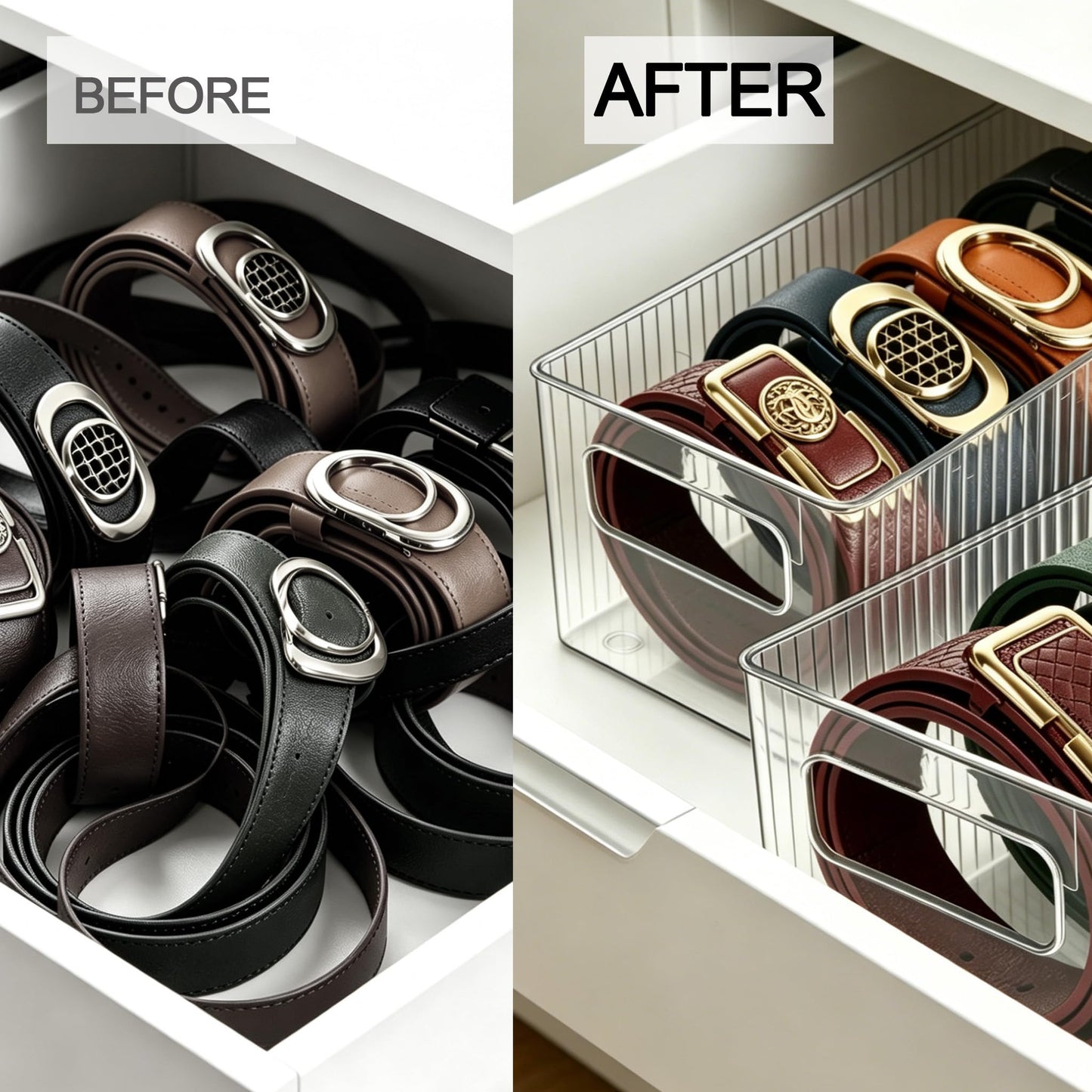 Fevont Belt Organizer - with Handles & Stackable Design, Belt Storage Holder for Closet and Drawer, 4-Compartment Display Case for Ties, Socks, Underwear