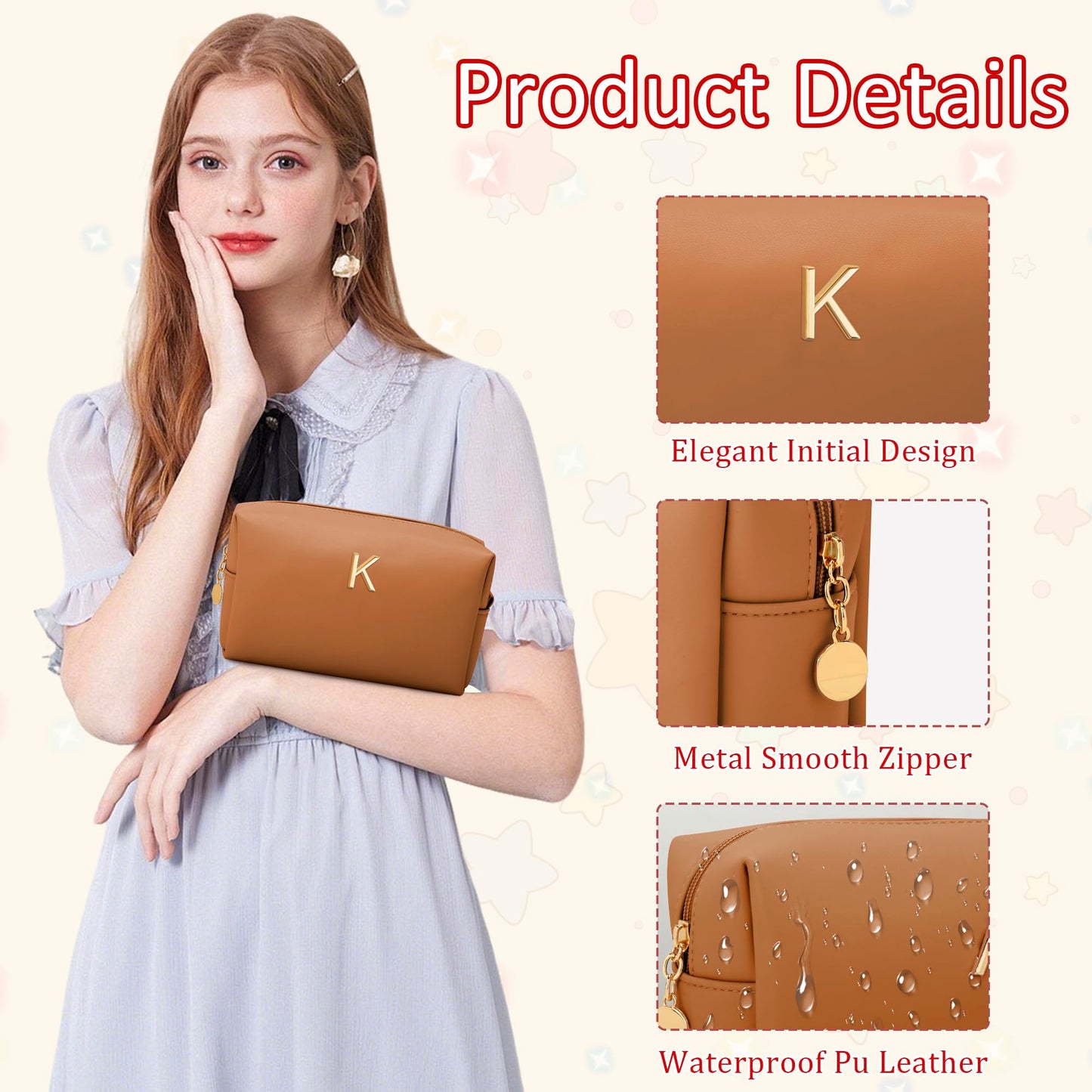 CLOUDWINGS Gifts for Women Bridesmaid Gifts Personalized Initial Makeup Bag PU Leather Cosmetic Waterproof Travel Toiletry Bag (Brown K)