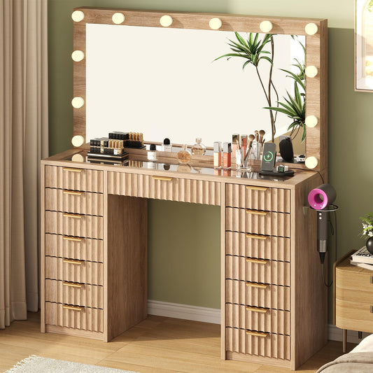 knoworld 15 Drawers Fluted Vanity Desk with Glass Top, 47" Makeup Vanity with Large Mirror and 12 LED Lights, Dressing Table with Power Outlet for Bedroom, Natural