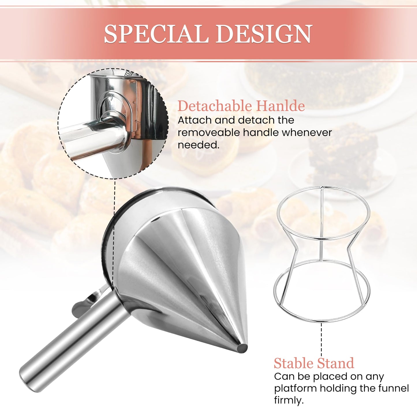 KOLIBROX Piston Funnel with Stand - Stainless Steel Confectionery Funnel for Batter Dispensing & Bakery Use - Precise Cake Decorating Tool - Perfect for Pouring Sauces, Chocolate & Fillings | Silver
