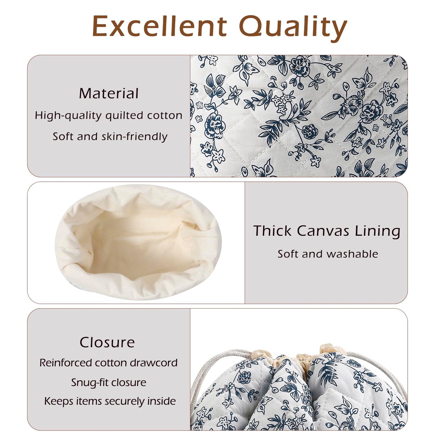 uekeboag Cotton Quilted Drawstring Makeup Bag with Canvas Lining,Coquette Aesthetic Cute Travel Toiletry Bag,Drawstring Gift Bag for Women and Girls（16Dark Blue）