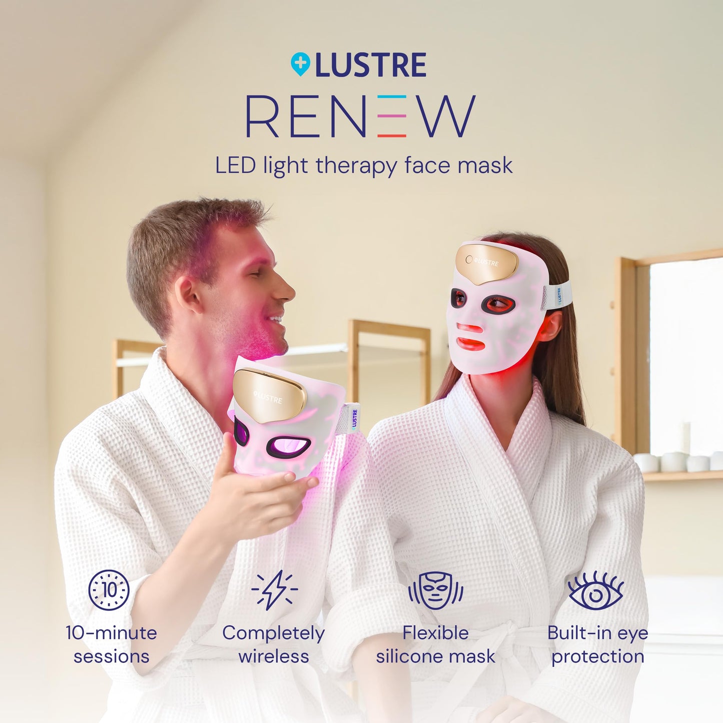 LED Face Mask Light Therapy for Acne & Anti-Aging Skincare | FDA-Cleared, Wireless & App-Controlled | Blue, Near-Infrared & Red Light Therapy Mask for Face - Lustre ClearSkin Renew Pro Facewear