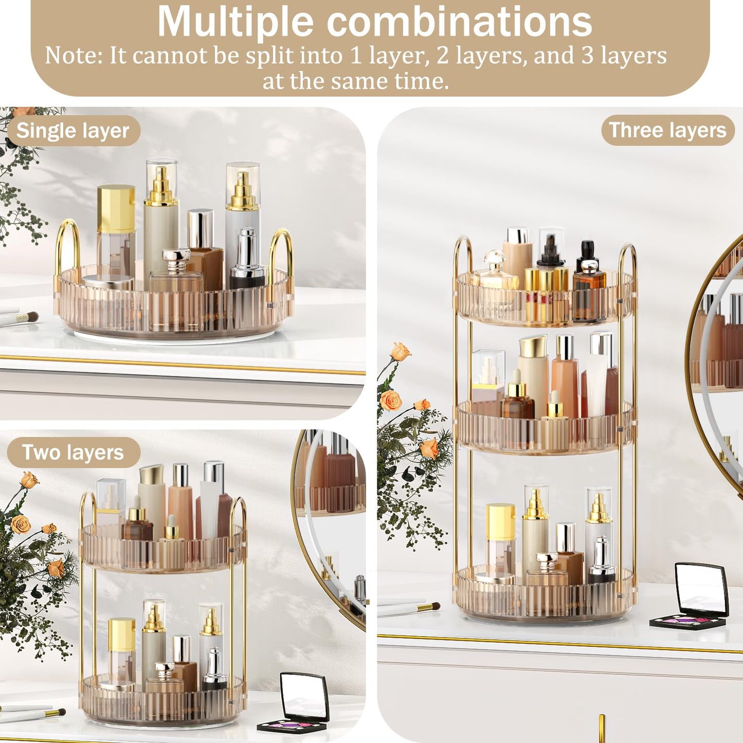 MOKANI 360 Rotating Makeup Organizer for Vanity, 3 Tier Adjustable Perfume Organizer for Dresser, Multi-Function Spinning Cosmetics Skincare Storage for Bedroom, Dresser, Countertop, Amber