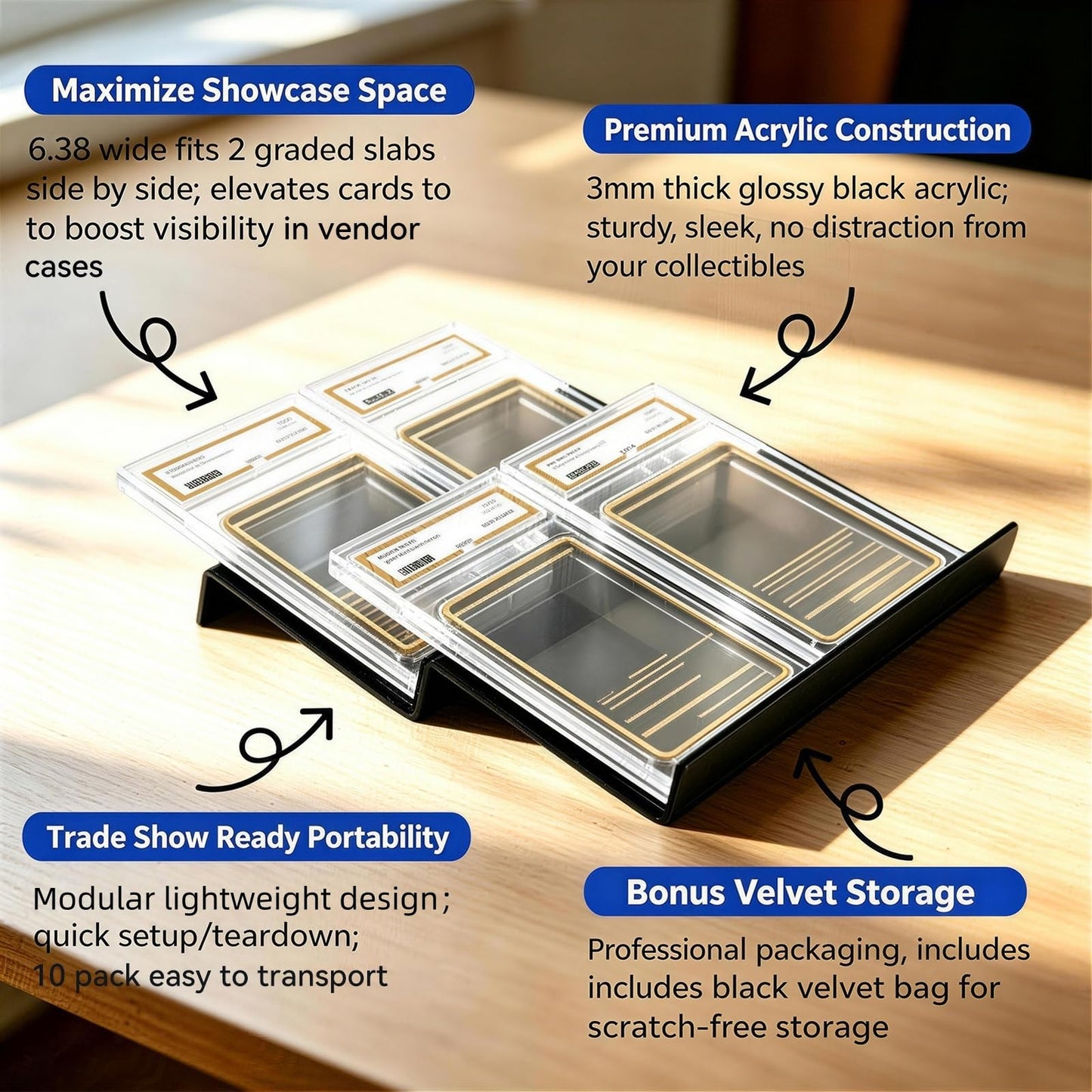 DEDC 10 Pack Modular Acrylic Graded Card Display Risers Black Trading Card Stands for Vendor Showcase and Sorting Tray