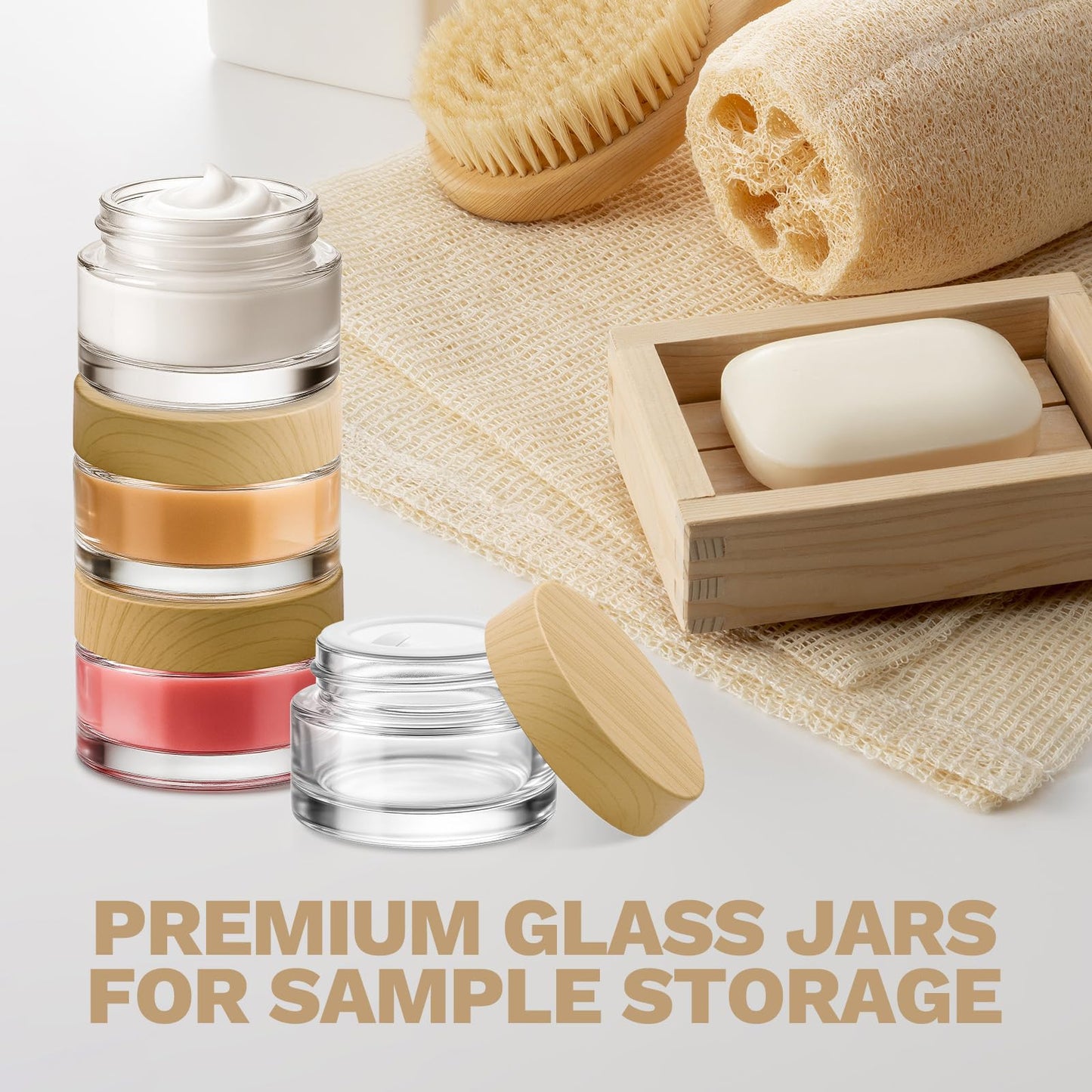 Bumobum 24 Pcs 5 Grams Glass Cosmetic Jars with Plastic Wood-Grain Lids, 5 ml Lip Balm Containers Empty Tiny Sample Jars for Lip Scrub Makeup Eye Cream Travel