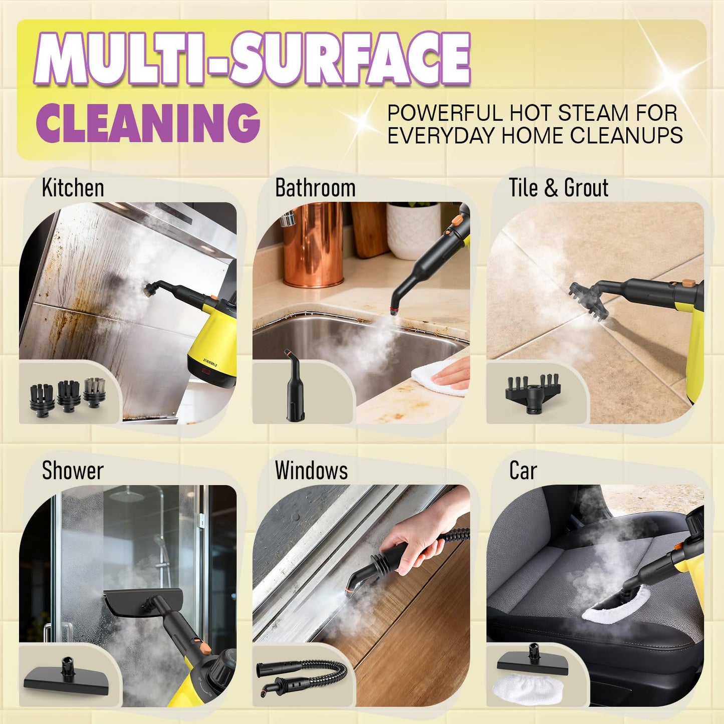 Handheld Steam Cleaner for Home, 1200W Pressurized Multi-Surface Steamer with 10 Accessories, High-Temperature Chemical-Free Cleaning for Bathroom, Kitchen, Tile, Grout, Windows, Shower Doors and Car