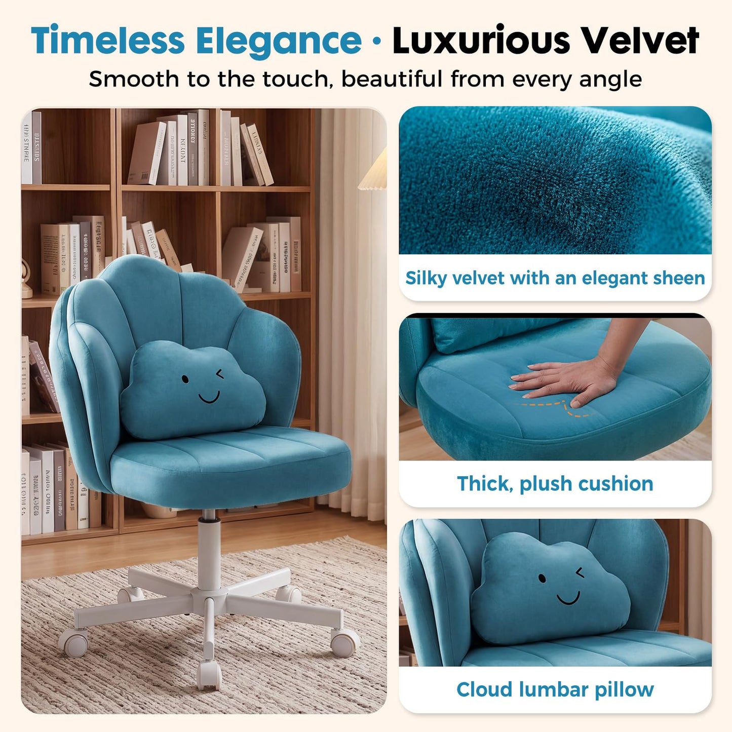 COMHOMA Petal Vanity Chair with Wheels, Cute Desk Chair for Girls Women, Upholstered Home Office Chair with Backrest, Height Adjustable Armless Swivel Chair for Bedroom, Velvet, Blue