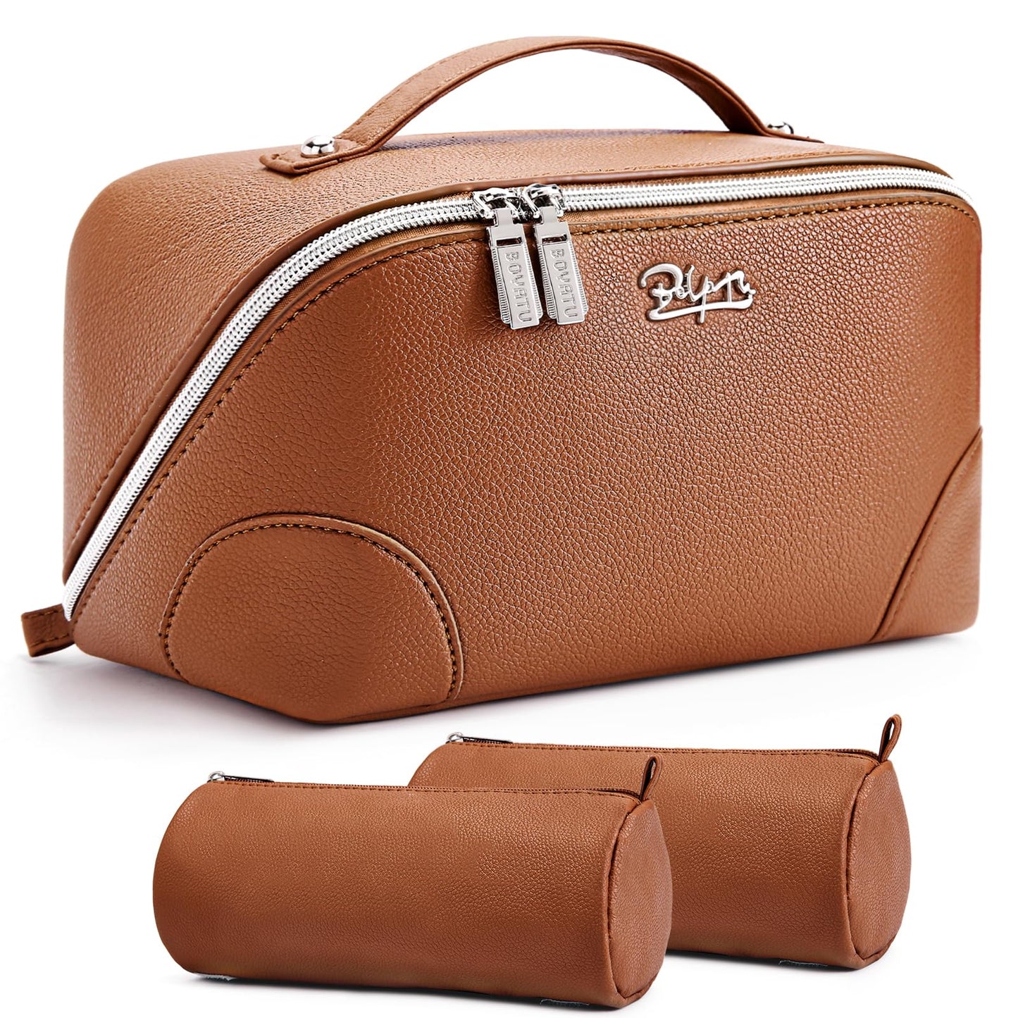BOYATU Travel Makeup Bag Cosmetic Bags for Women: 3 Pcs Set Large Capacity Make up Bag with Handle - Waterproof Vegan Leather Toiletry Bags Travel Essentials with Compartments(C-1-Brown)