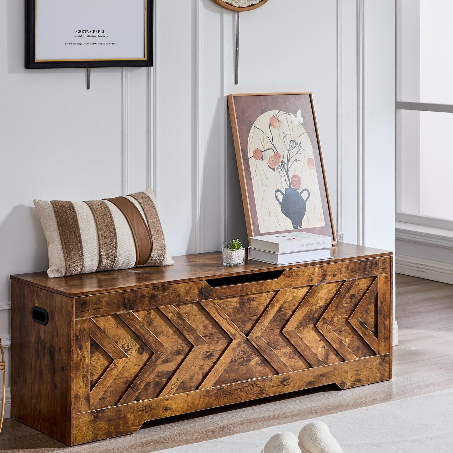 XDliv 55.1” Storage Bench, Extra Large Entryway Bench with Storage,Storage Chest with 2 Safety Hinges,Blanket Storage,Shoe Storage Chest for Bedroom,Living Room,Easy Assembly. (Rustic Brown)