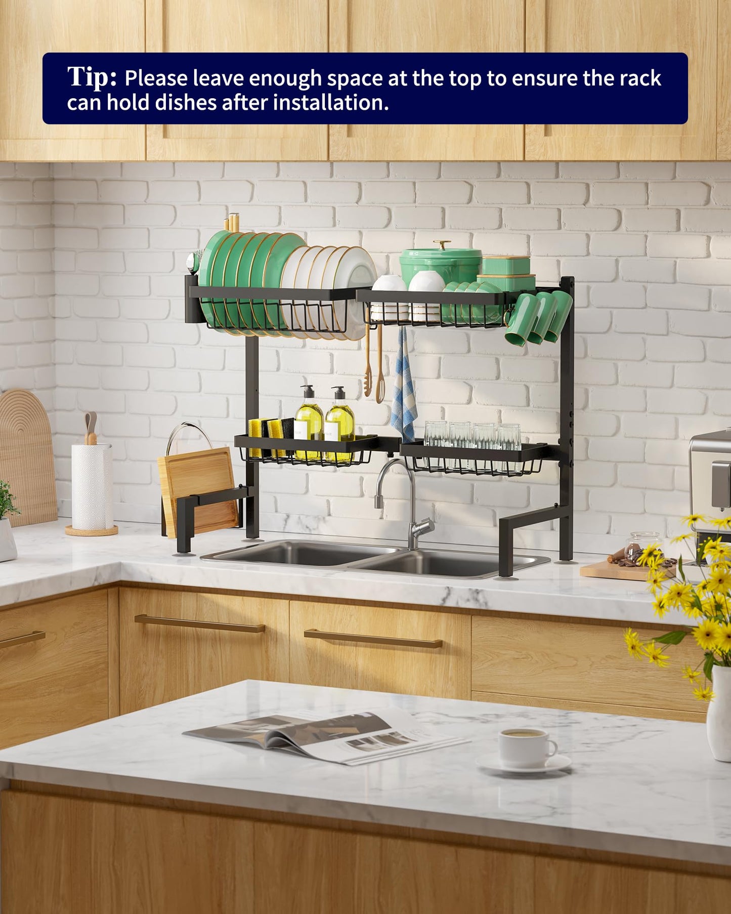 Kitsure Over The Sink Dish Drying Rack - 26.8" to 33.9"x21.5", Adjustable Sink Drying Rack for Kitchen Sink with Large Capacity, 2-Tier Dish Rack Over Sink with Multifunctional Baskets, Black