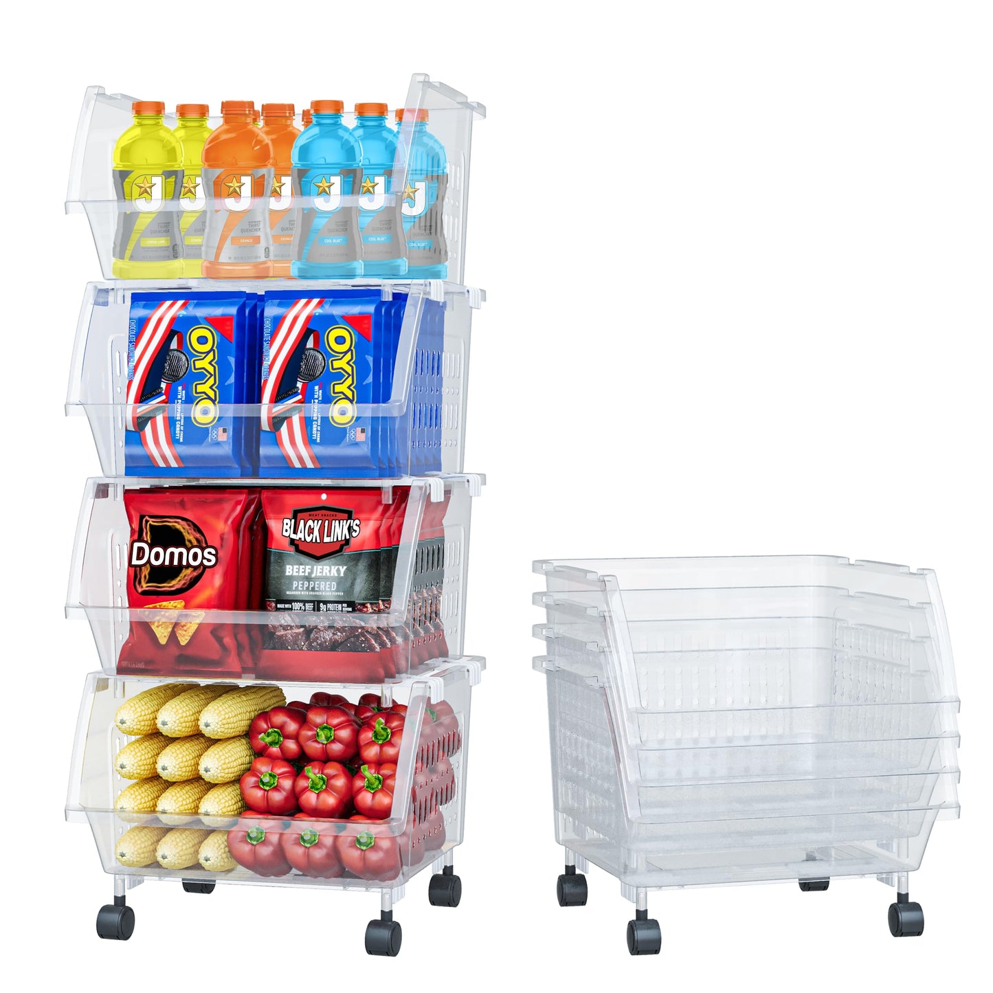 Large Stackable Storage Bins Open Front with Wheels, 4 Pack - Clear