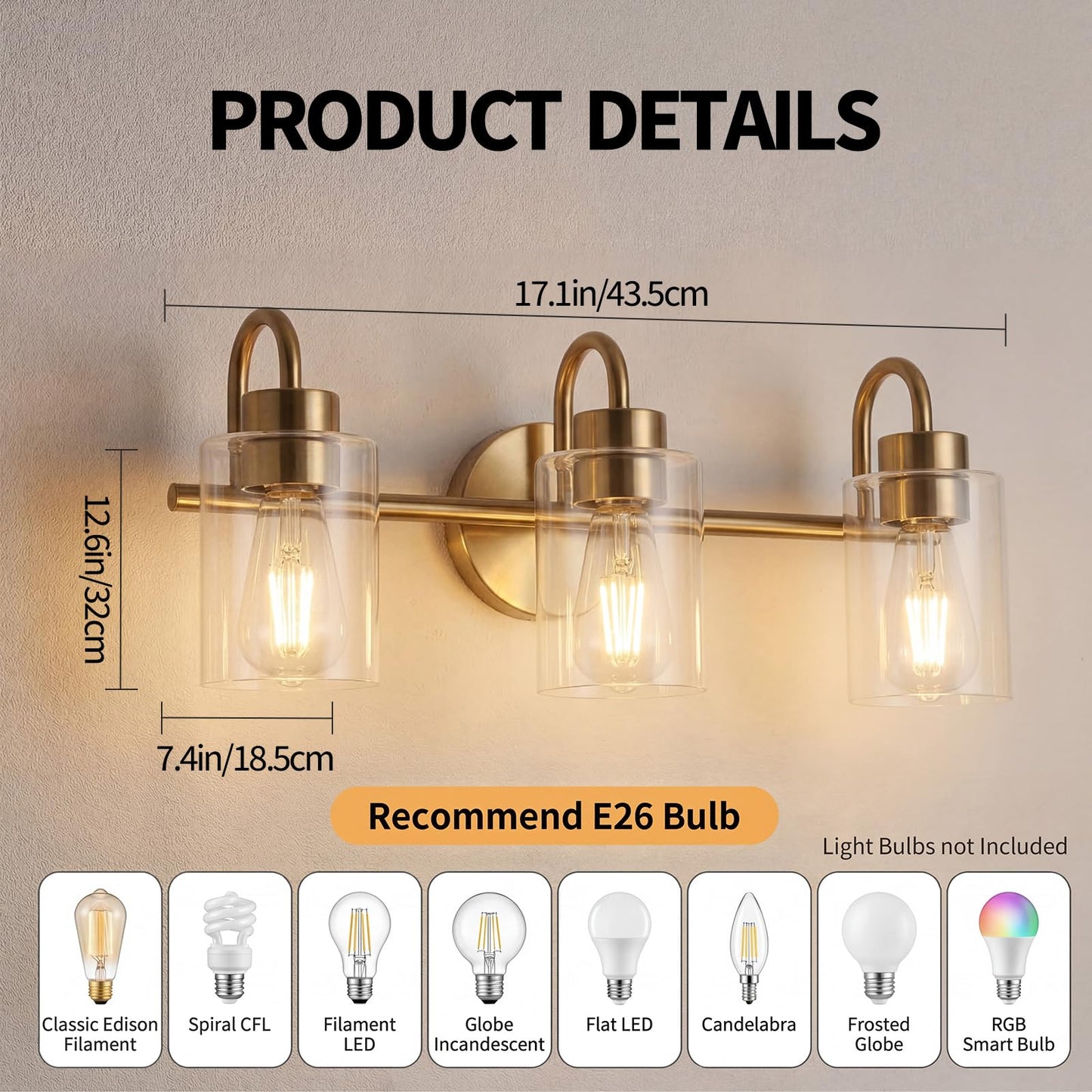 3-Light Bathroom Vanity , Gold Brass Bathroom Fixtures with Clear Glass Shades, Modern Wall Sconce Lighting Over Mirror, E26 Base, Non-Waterproof VART-3-GD（Bulbs Not Included,）