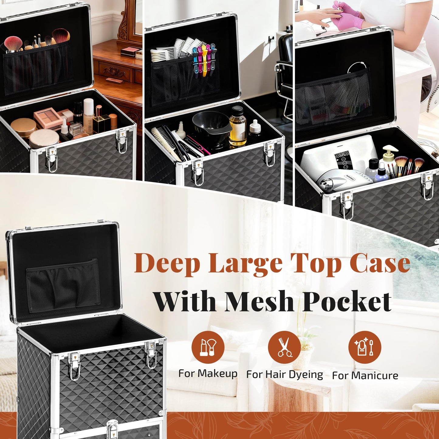 JINGUAN Rolling Makeup Train Case with 3 Drawers, Nail Trolley Cart Salon Station Cosmetology Case on Wheels Organizer Cases for Nail Tech,SPA,Face Painting,Hairstylist,Makeup Artist (Silver & Black)