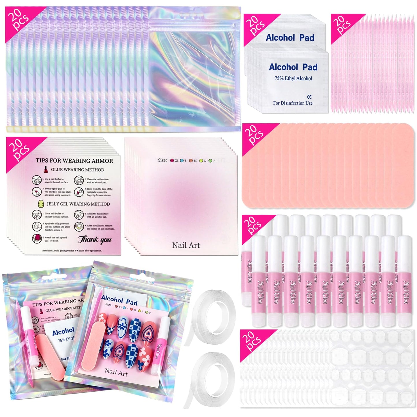 ESUOHYM 20 Sets Nails Packaging Bags for Press On Disposable Nail Supplies Kit with Holographic Bags, Glues, Instruction Cards, Tabs, File, Stick, Prep Pads, Tape Press On Nail Tools Kit for Business