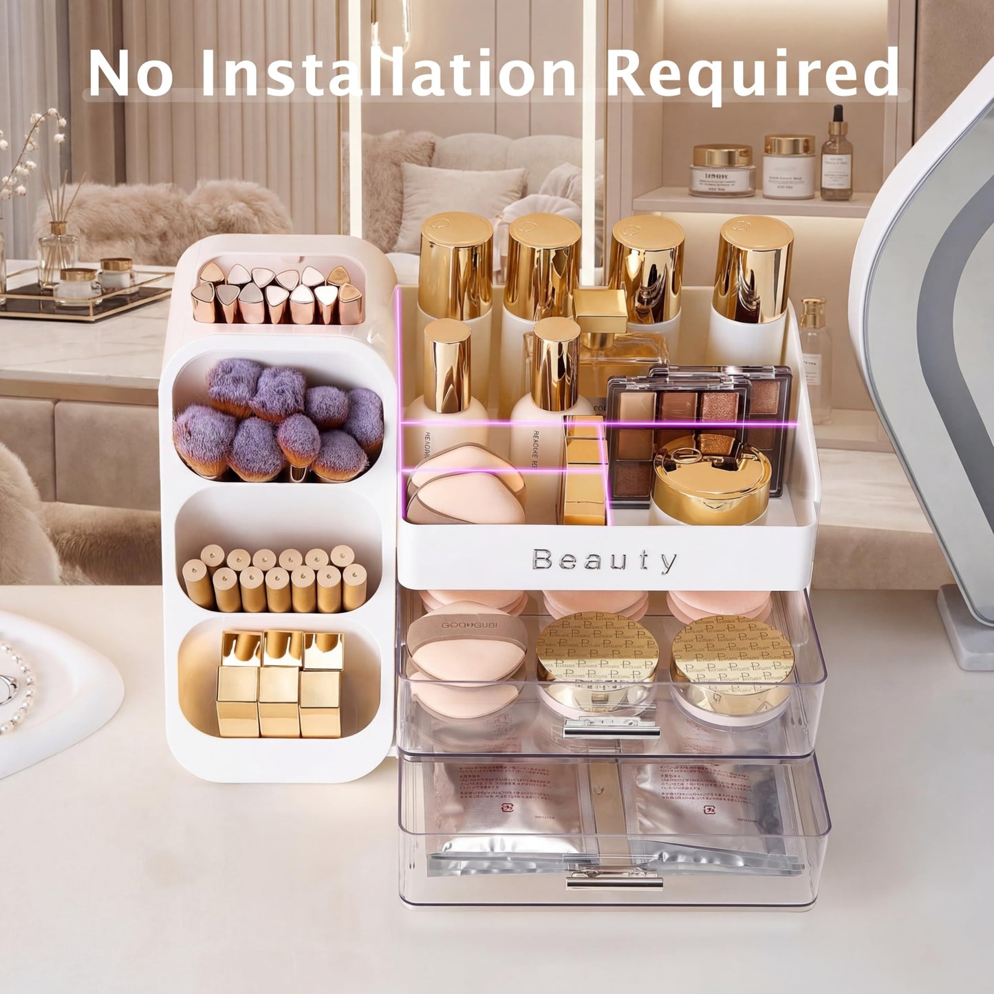 SYFIS Makeup Organizer for Vanity with Brush Holder, Countertop Makeup organizer with Drawers for Skincare, Cosmetics, Perfumes, Eyeshadow Palettes, Spacious Cosmetic storage organizer
