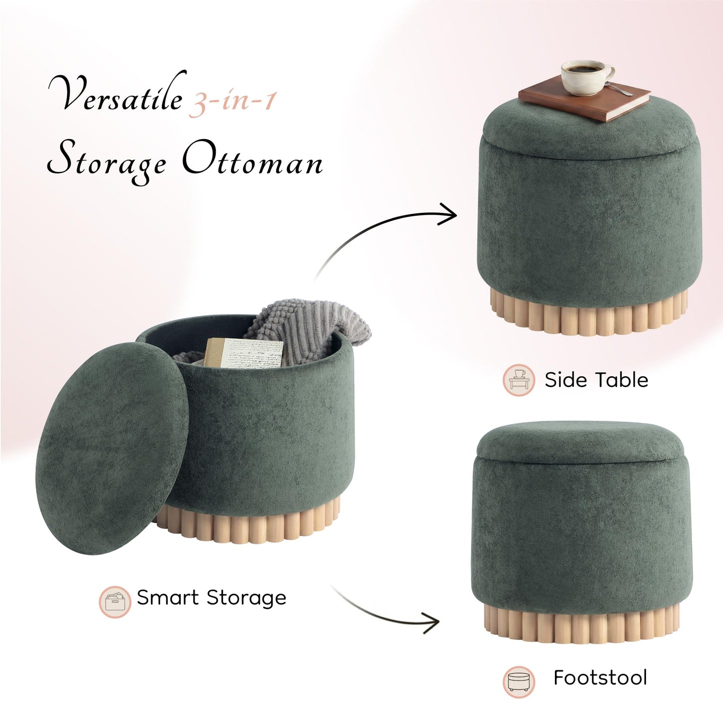 Get Set Style Round Ottoman with Wooden Base, Storage Vanity Stool for Makeup, Upholstered Footrest Stool Ottoman Foot Stool for Living Room, Bedroom
